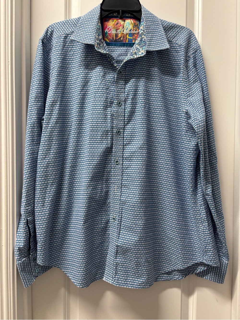 Robert Graham Light Blue Check Button-Down Shirt with Colorful Inner Collar